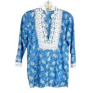 Bella Tu By Gopi Vaid Womens Blue Floral Embroidered Tunic Top V Neck Size 2